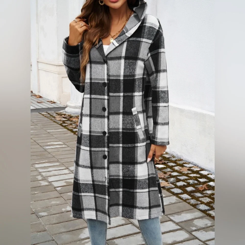 Ella hooded button down plaid coat - Picture 2 of 6